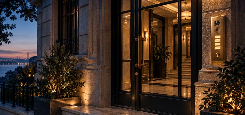 Akşam ışığında apartman giriş kapısı ve zil paneli — bina kapısı kilidi