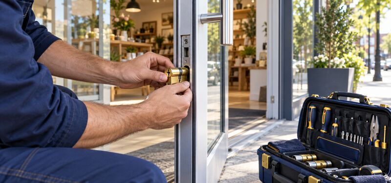 Gündüz dükkân camlı kapısında kilit montajı yapan usta — dükkân çilingiri