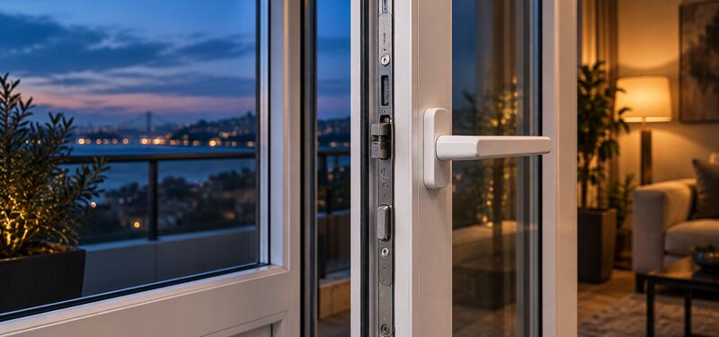 Beyaz PVC balkon kapısında ispanyolet mekanizması ve kol — pimapen kilidi